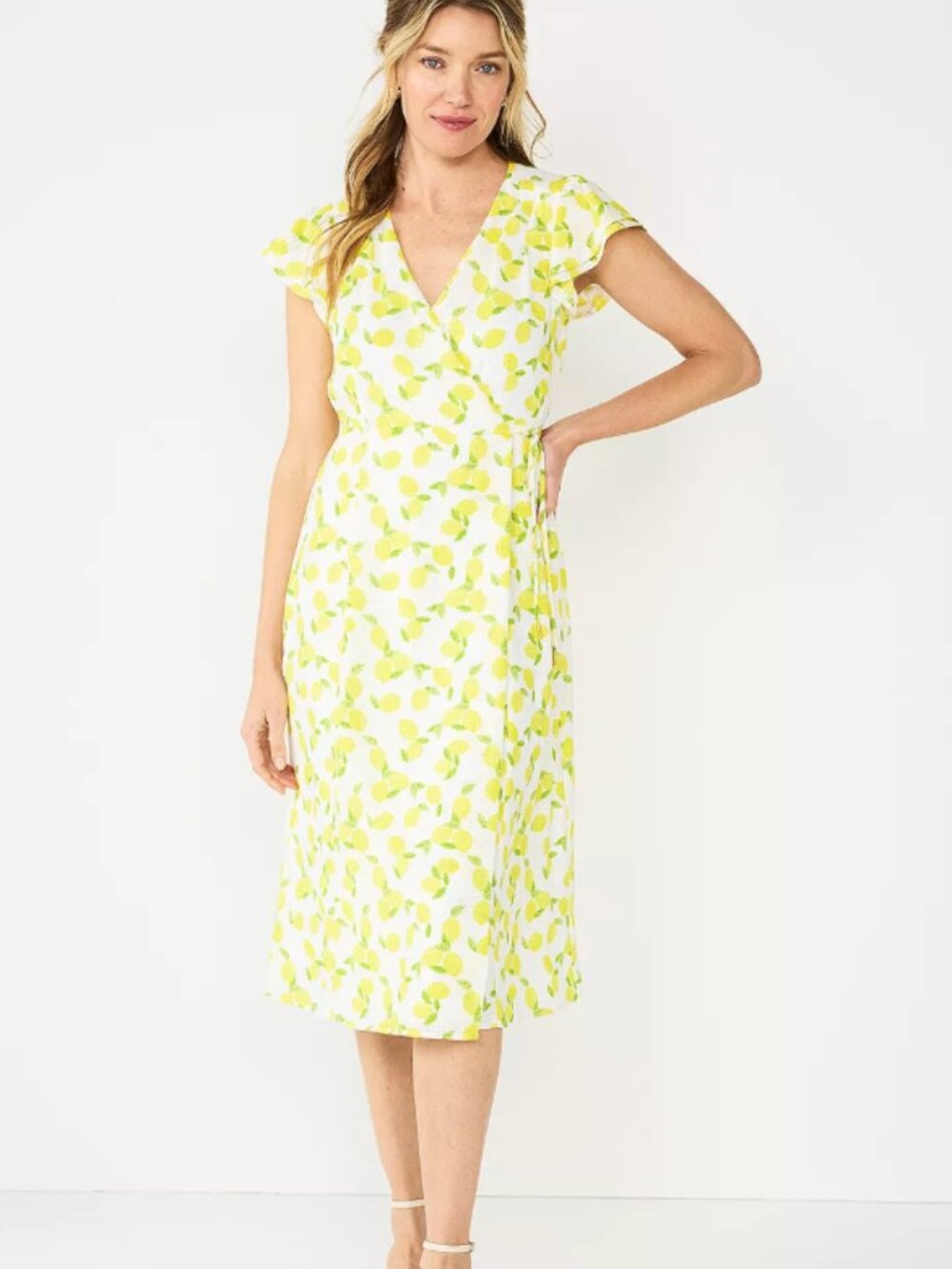 Draper James RSVP White Lemon Print Wrap Midi-Dress - Size 2X